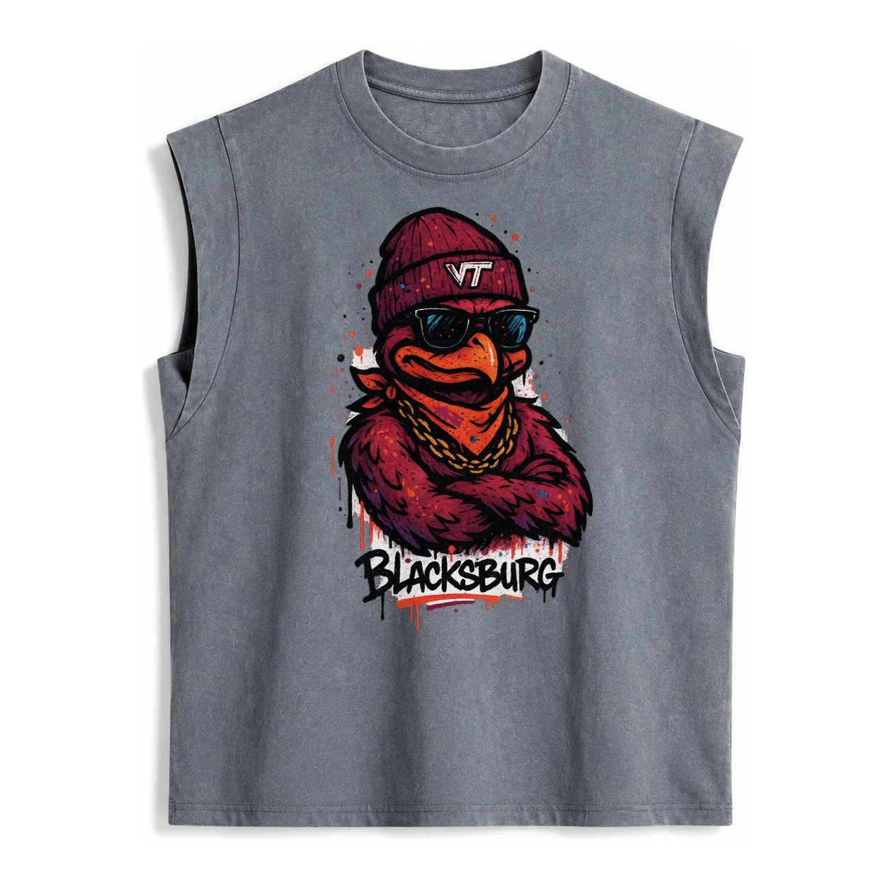 Blacksburg Hokiebird Wearing Virginia Tech Beanie With Vt Pa Vintage Washed Tank – Grey