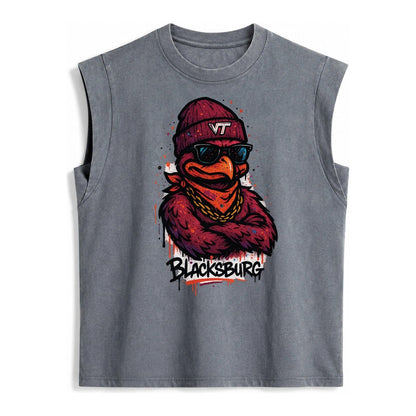 Blacksburg Hokiebird Wearing Virginia Tech Beanie With Vt Pa Vintage Washed Tank – Grey
