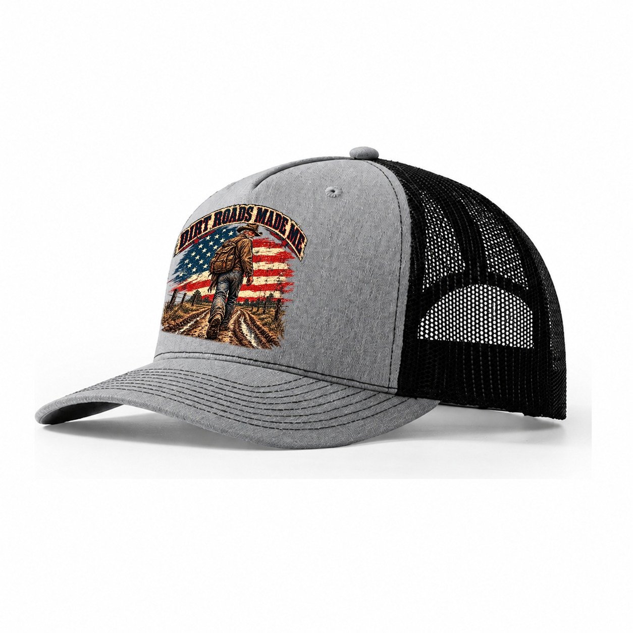 Dirt Roads Made Me Old Man Strong Trucker Hat – Sport Grey Black