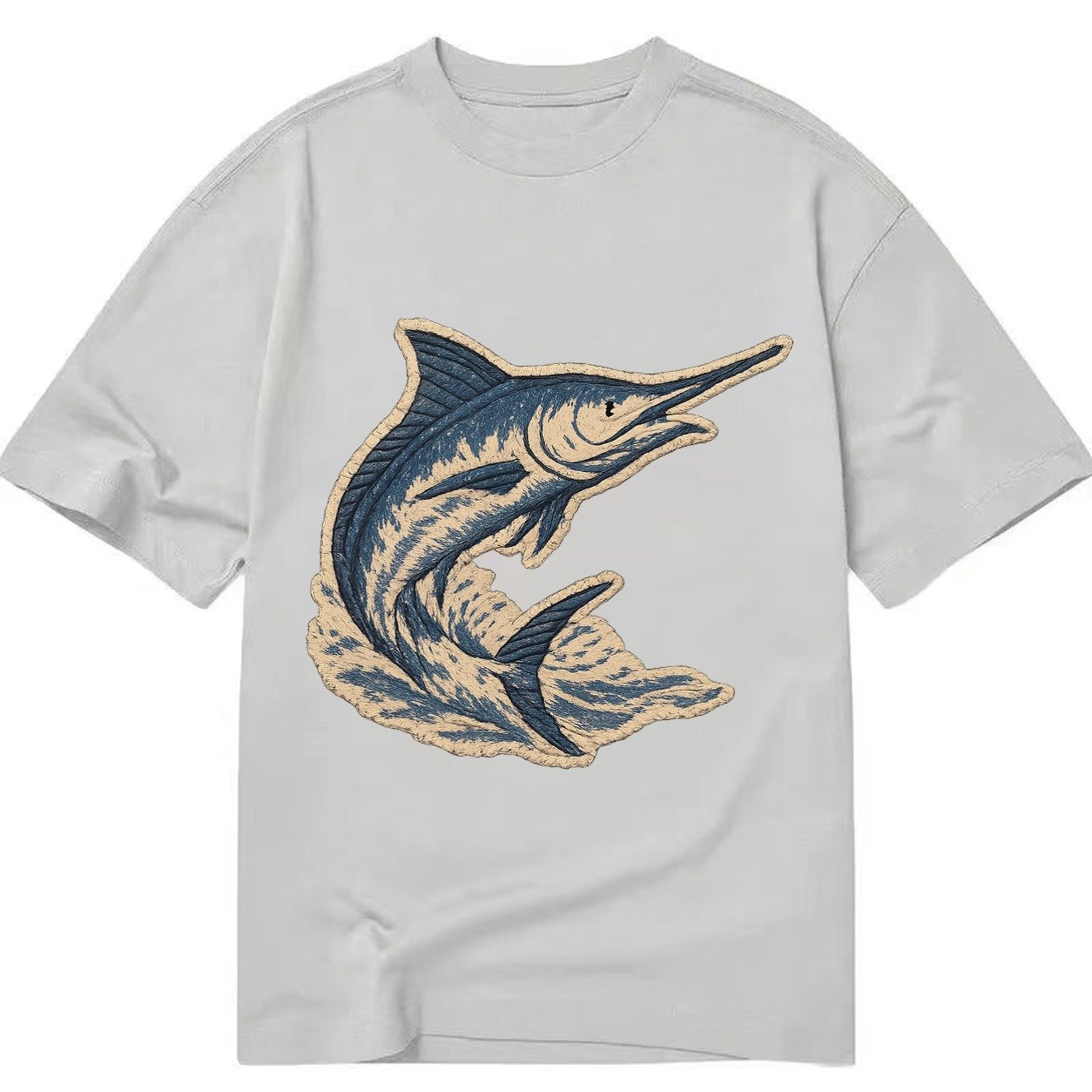 Embroidered Patch Design Swordfish Marlin Leaping Marlin In Classic T-shirt – Grey