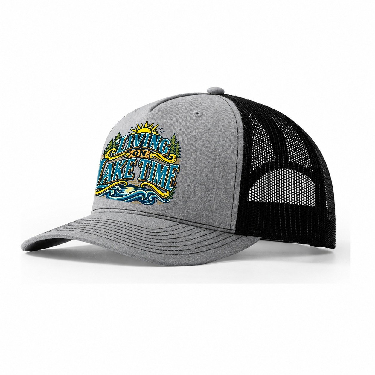 Living On Lake Time Retired Living Trucker Hat – Sport Grey Black