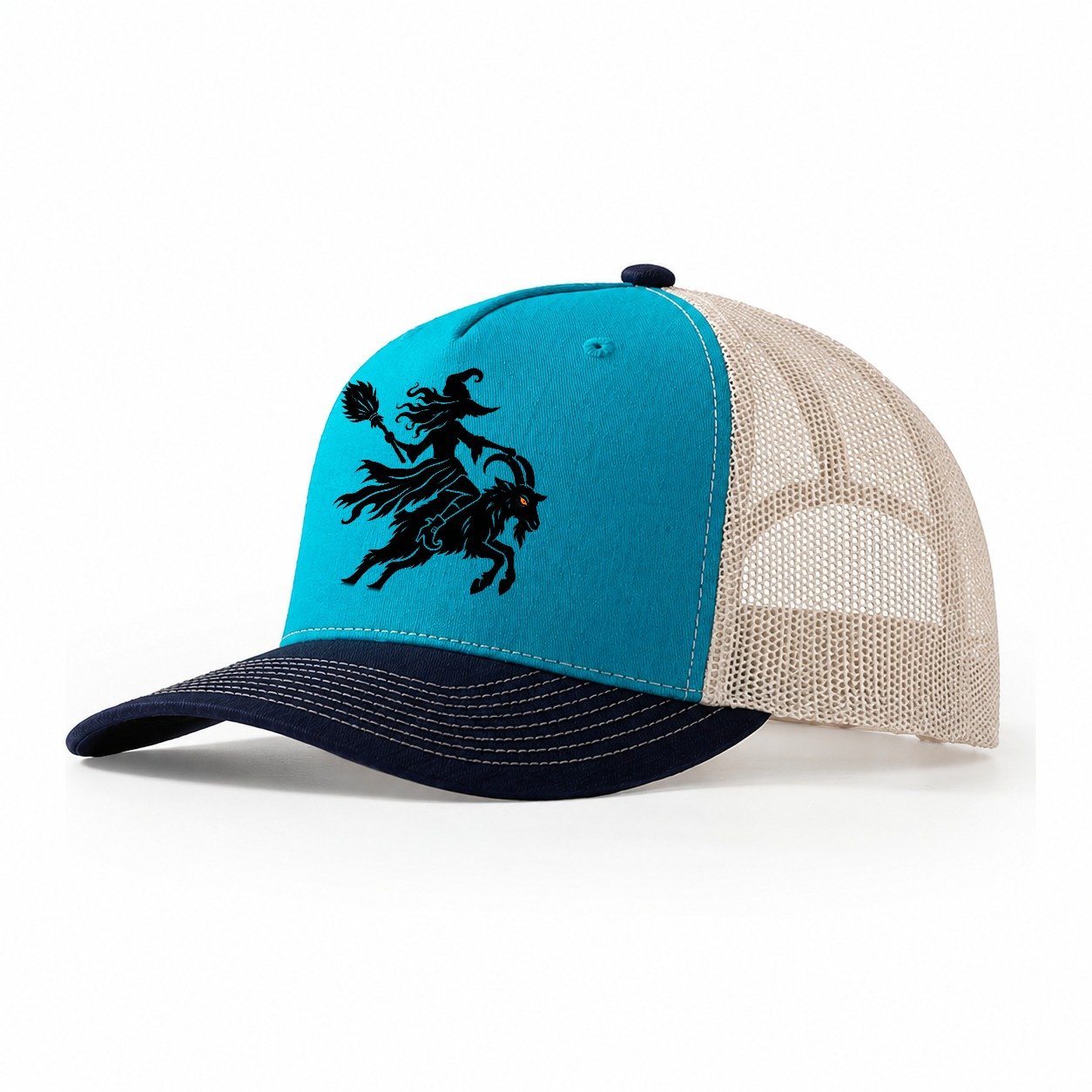 Medieval Woodcut Witch On A Goat Witch Magic Trucker Hat – Teal Navy