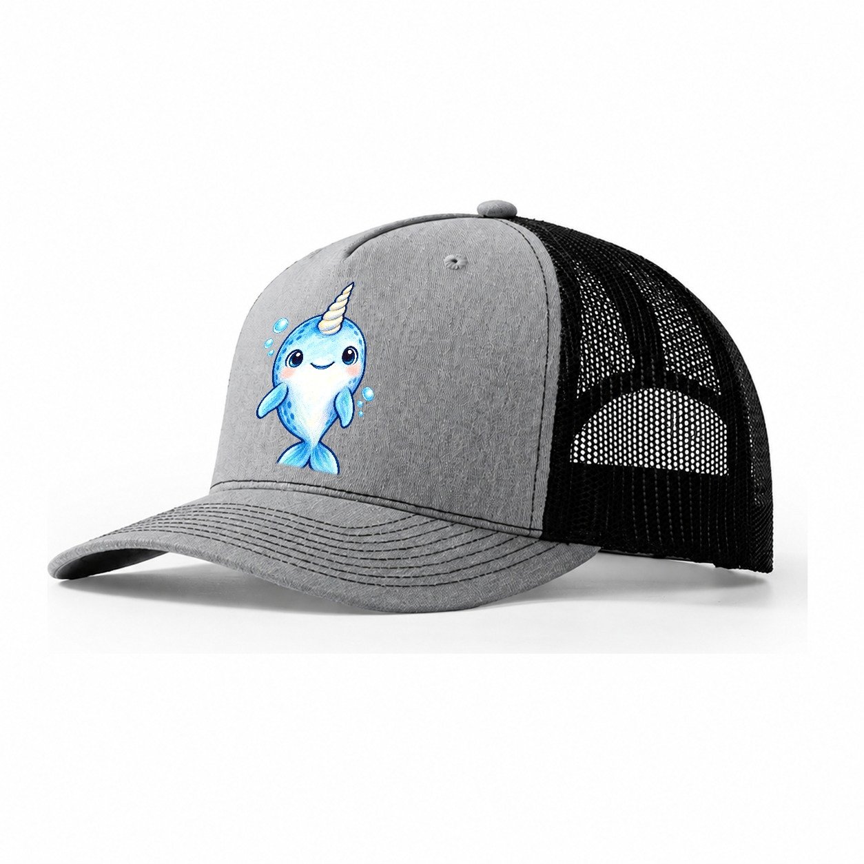 Narwhal Front Tusk Hello Sea Sprite Trucker Hat – Sport Grey Black