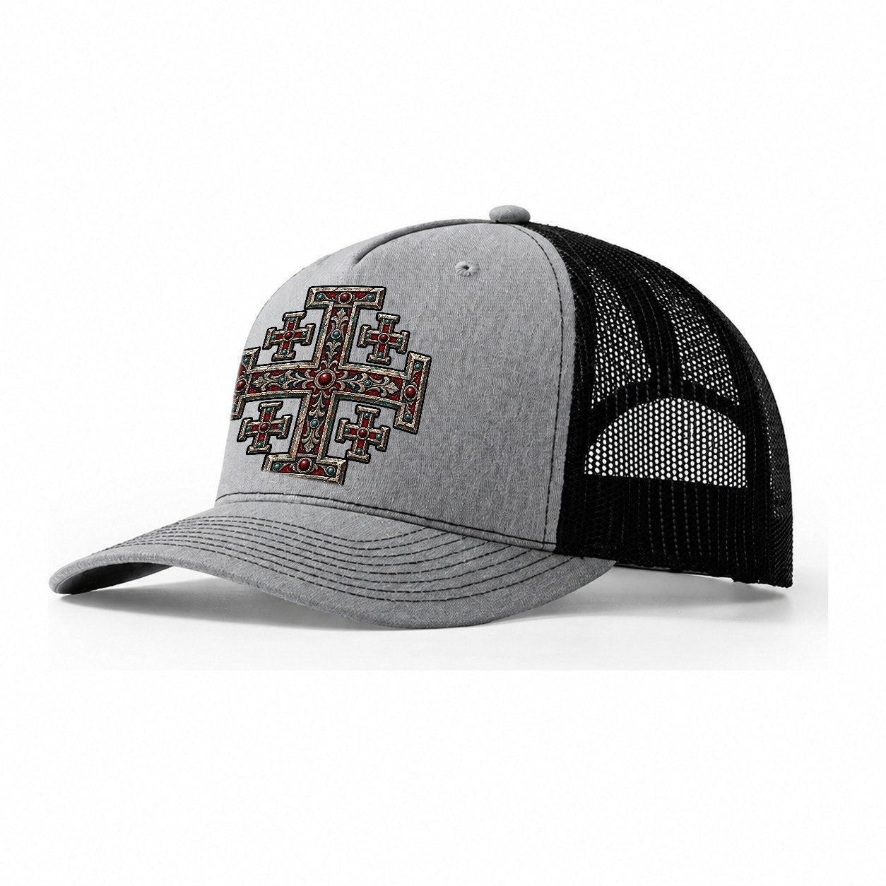 Engraved Silver Reliquary Panel Jerusalem Cross Trucker Hat – Sport Grey Black