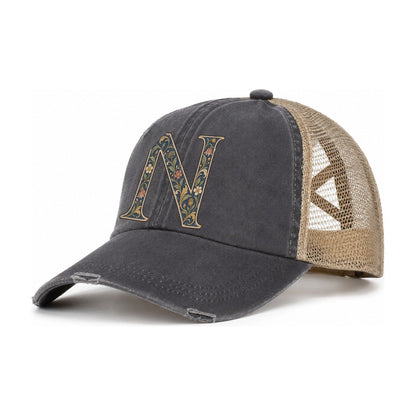 Wildflower N Monogram Women's Ponytail Trucker Hat – Charcoal Khaki