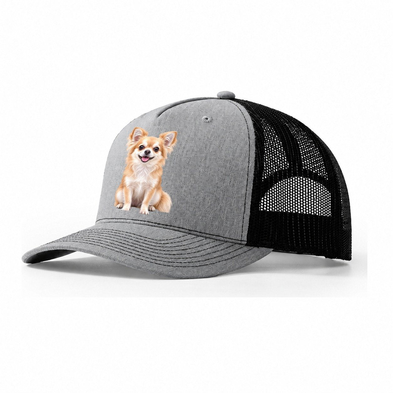 Chihuahua Sitting Top Breeds Trucker Hat – Sport Grey Black
