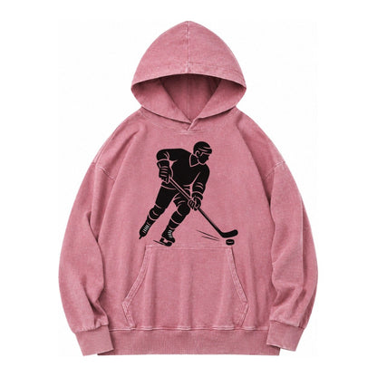 Ice Hockey Player Shooting Puck Vintage Washed Hoodie – Dusty Rose