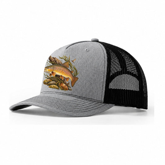 Brown Trout Specimen Study Fishing Club Trucker Hat – Sport Grey Black