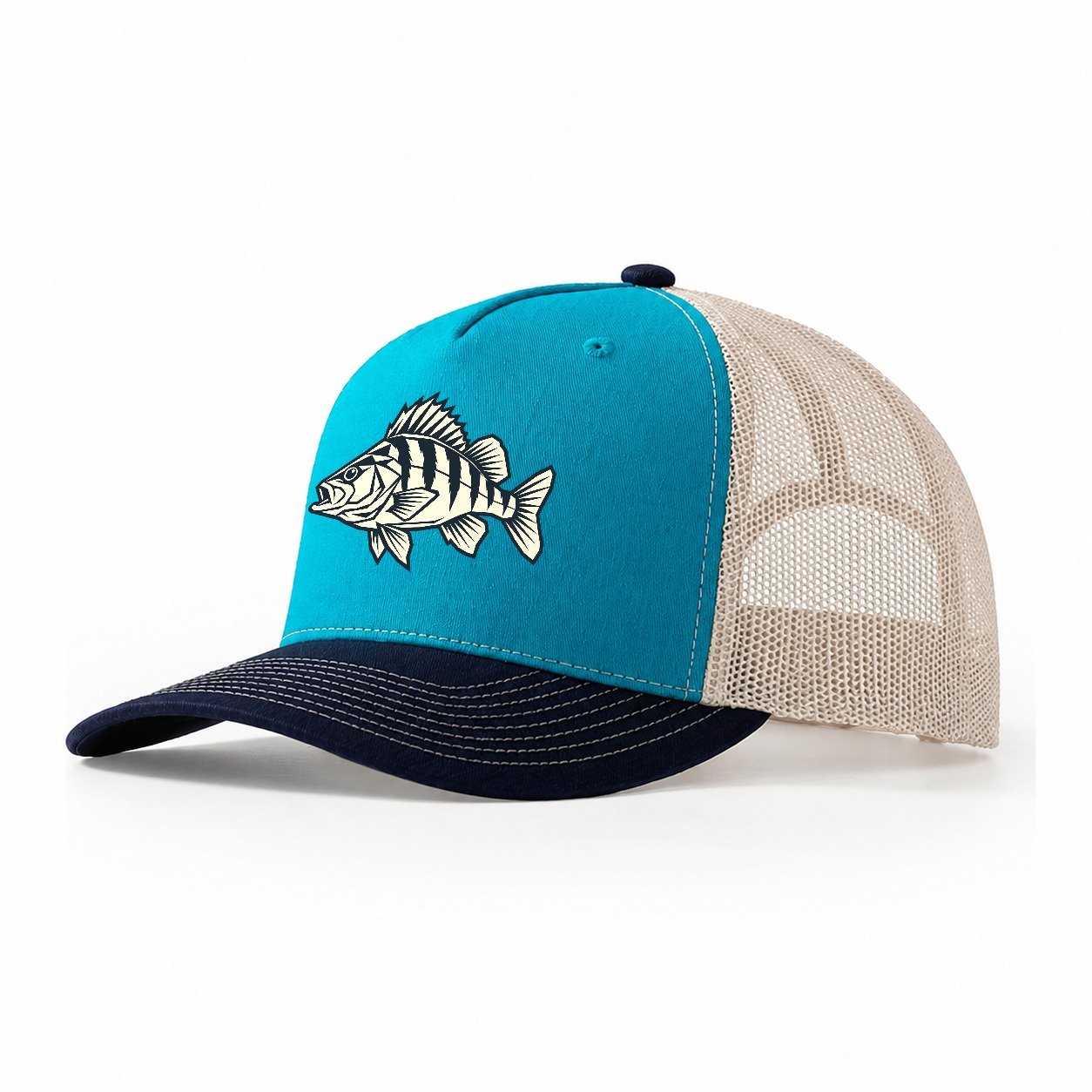 Geometric Perch Fishing Elegant Trucker Hat – Teal Navy