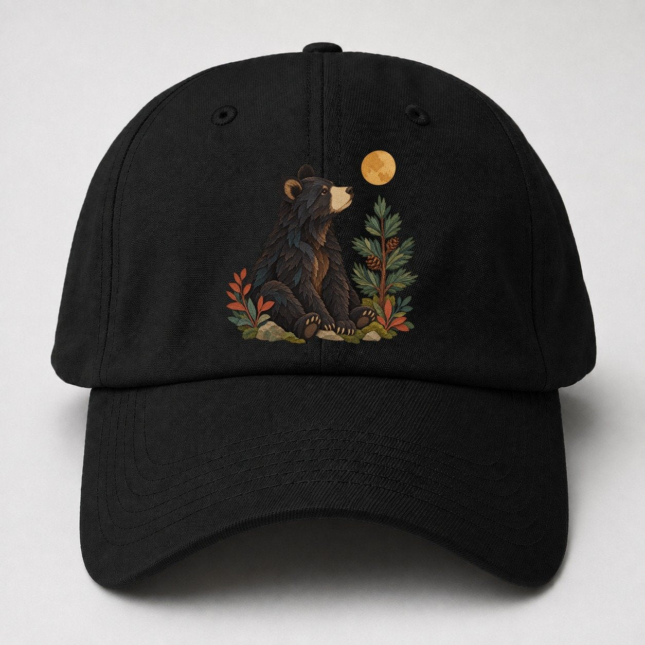 Small Bear Pine Moon Gentle Wild Baseball Cap – Black