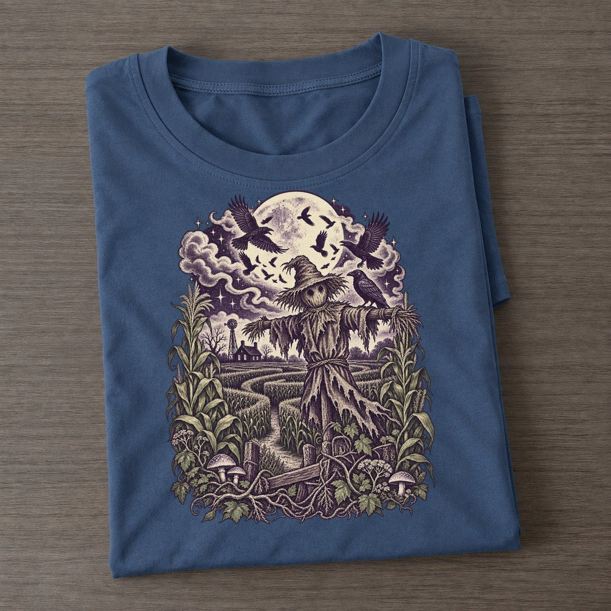 Cornfield Scarecrow Crows Midnight Haunt Classic T-shirt – Twilight Navy