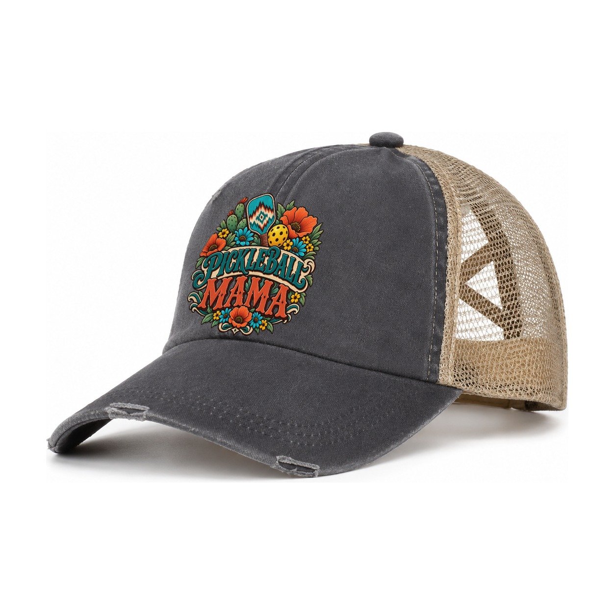 Pickleball Mama Pickleball Life Women's Ponytail Trucker Hat – Charcoal Khaki
