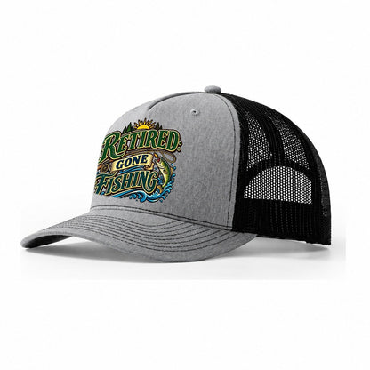 Retired Gone Fishing Retired Living Trucker Hat – Sport Grey Black