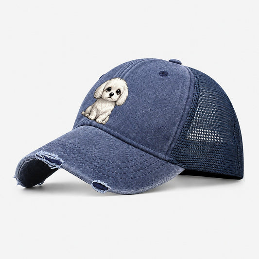 Maltese Sitting Sweetheart Washed Trucker Hat – Navy