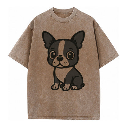 Boston Terrier Black And White Sitting Pose With Tuxedo Mark Vintage T-shirt – Brown