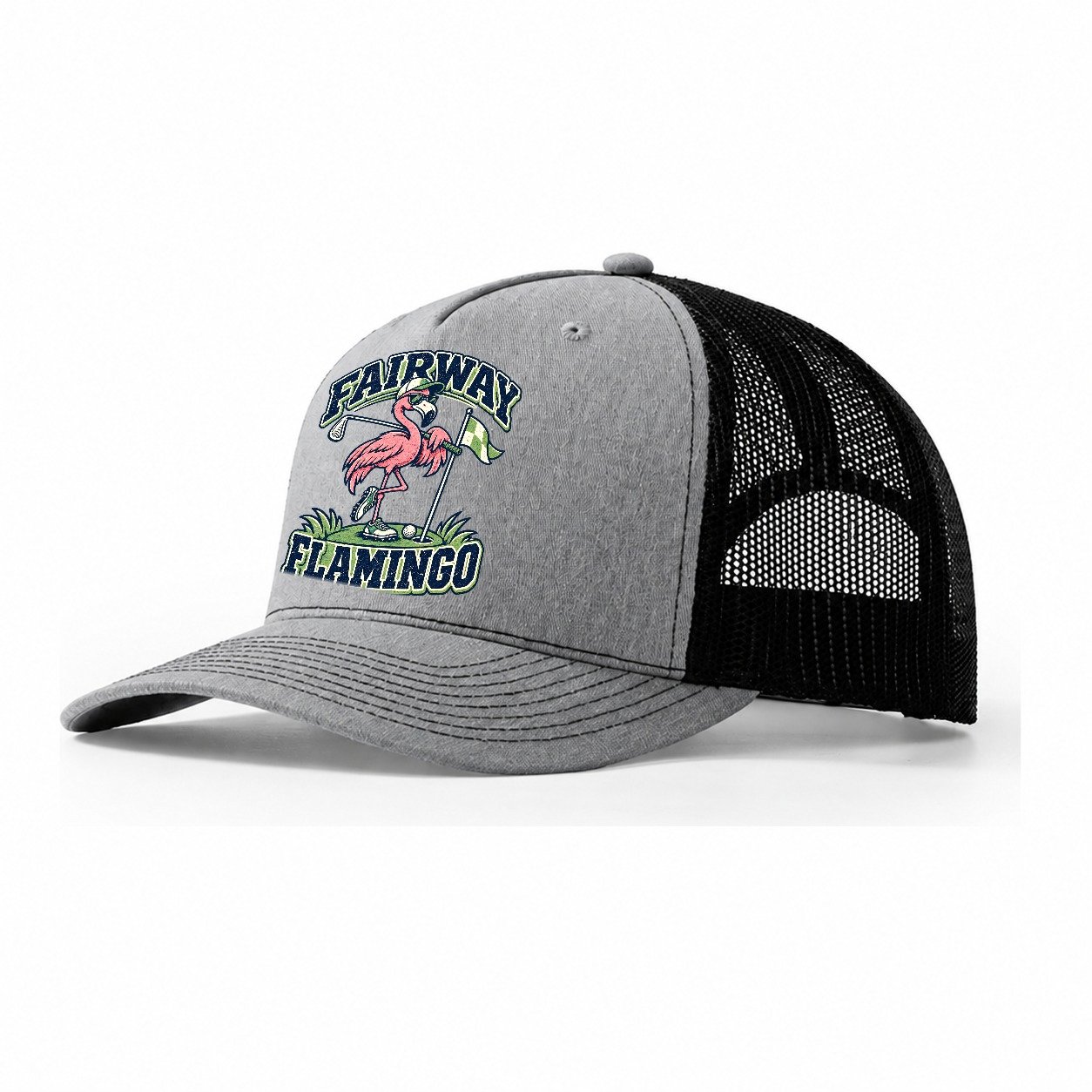 Fairway Flamingo Golf Life Trucker Hat – Sport Grey Black