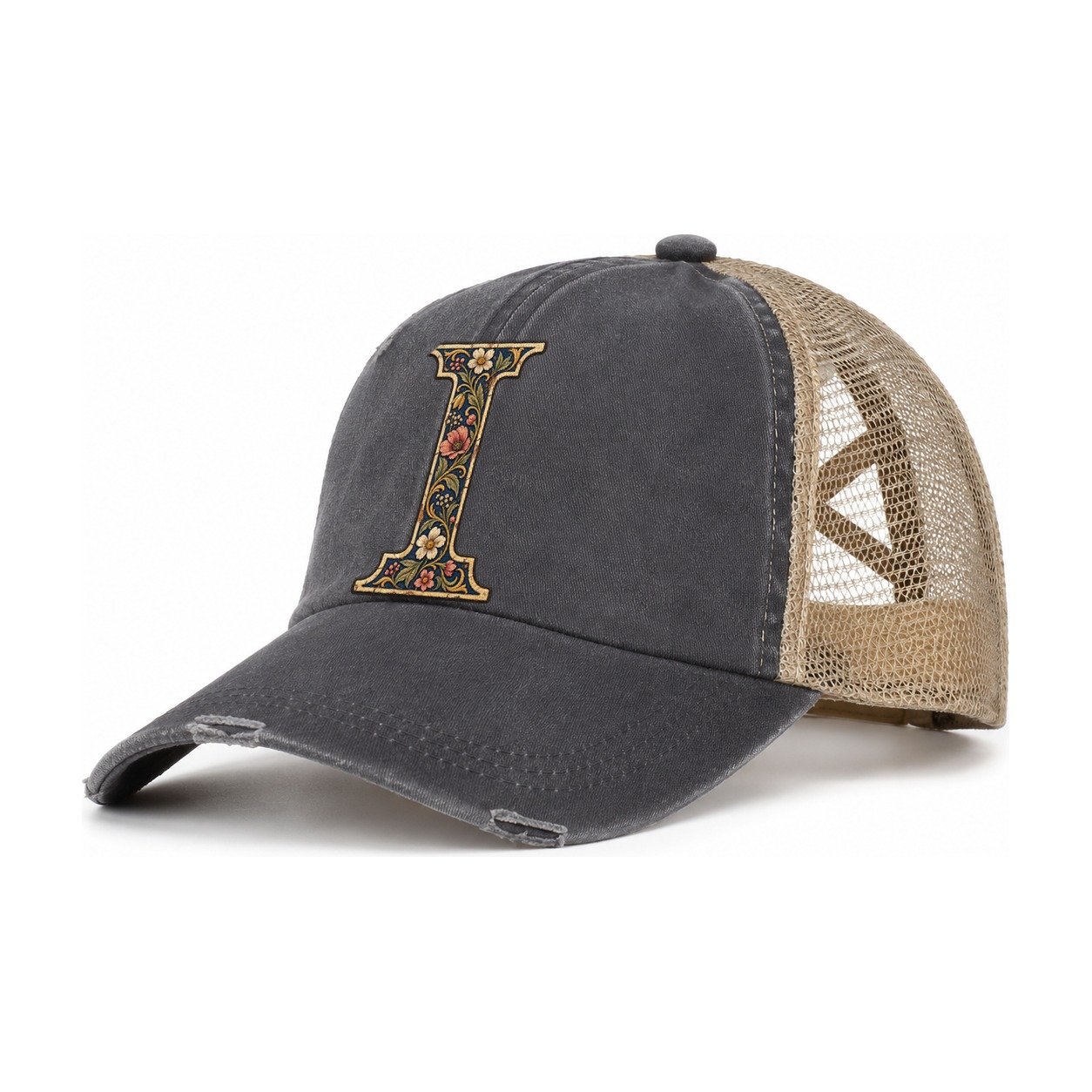 Wildflower I Monogram Women's Ponytail Trucker Hat – Charcoal Khaki