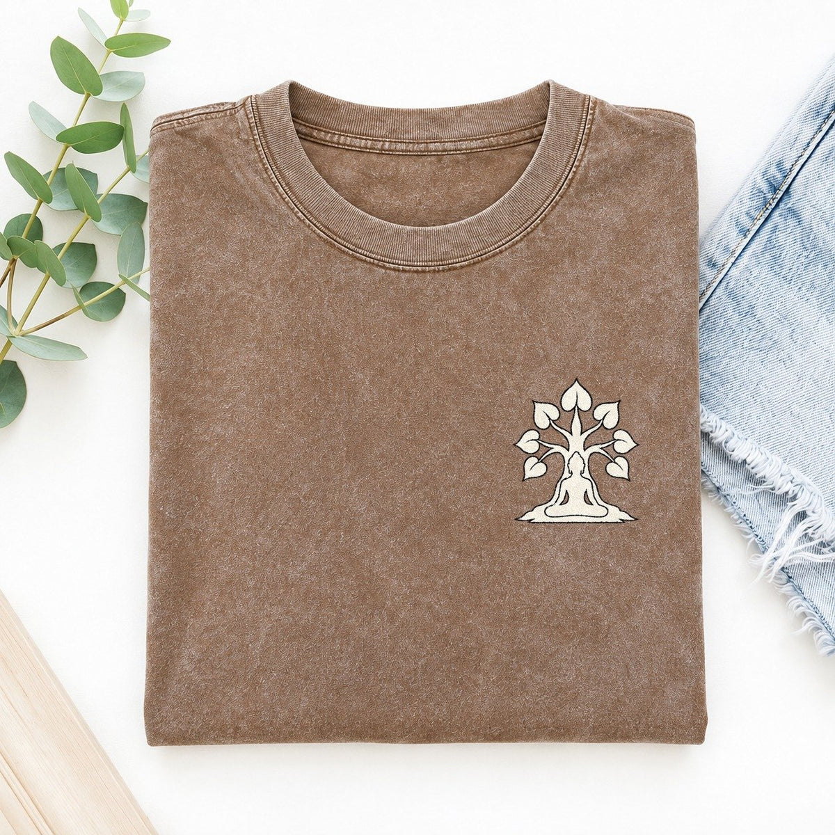 Bodhi Meditation Left Chest Vintage T-shirt – Brown