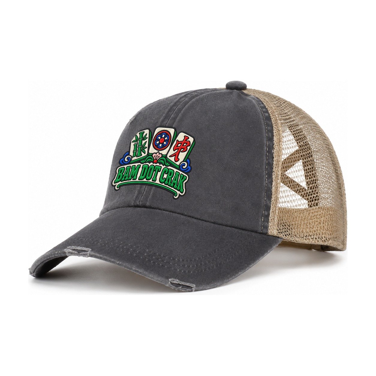 Bam Dot Crak Mahjong Game Night Women's Ponytail Trucker Hat – Charcoal Khaki