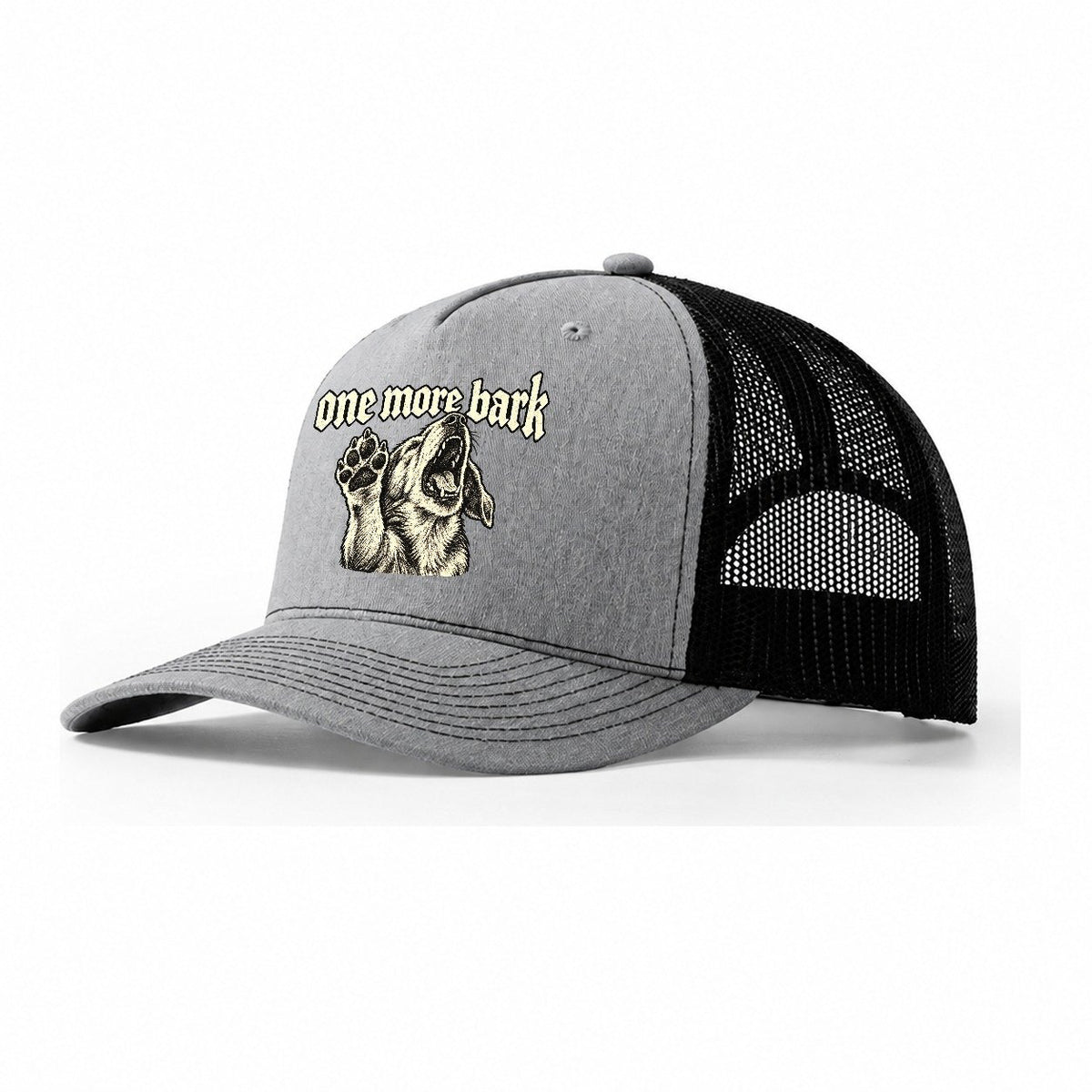 A Dog Head Mid Howl With One Front Paw Raised To The Viewer Bark For Me Trucker Hat – Sport Grey Black