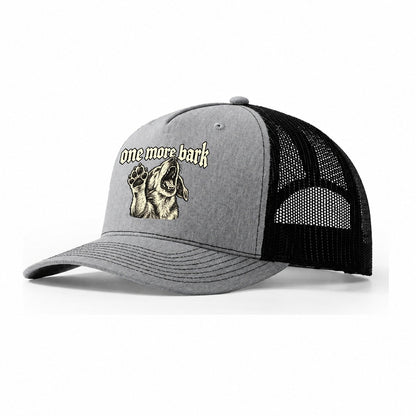 A Dog Head Mid Howl With One Front Paw Raised To The Viewer Bark For Me Trucker Hat – Sport Grey Black