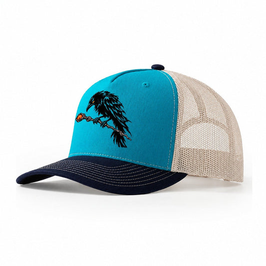 Raven Perched On A Wand Witch Magic Trucker Hat – Teal Navy