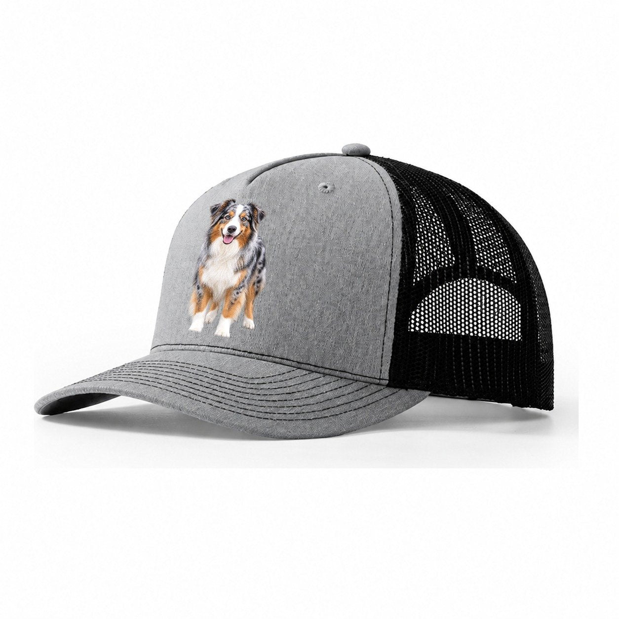 Australian Shepherd Standing Top Breeds Trucker Hat – Sport Grey Black