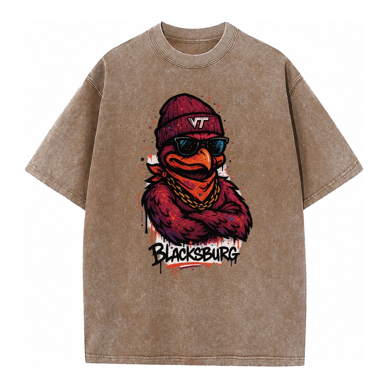 Blacksburg Hokiebird Wearing Virginia Tech Beanie With Vt Pa Vintage T-shirt – Brown