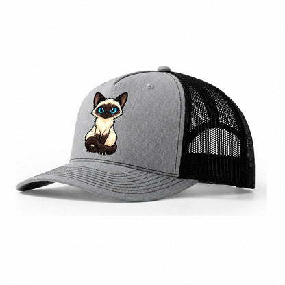 Siamese Sitting Tall Peeking Cats Trucker Hat – Sport Grey Black
