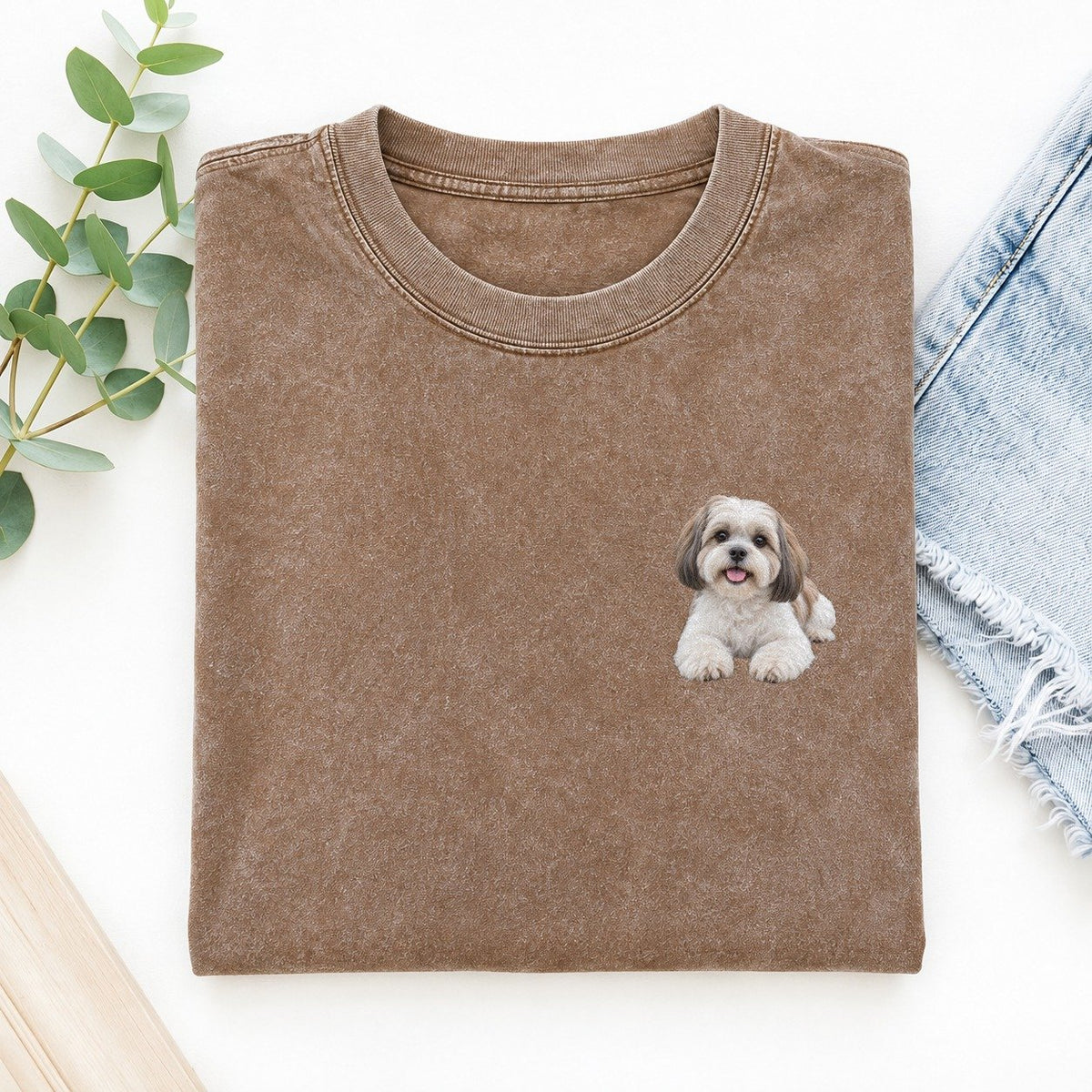 Shih Tzu Lying Down Left Chest Vintage T-shirt – Brown