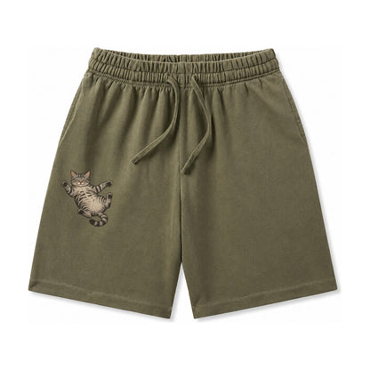 American Shorthair Silver Tabby Classic Pattern Fully Relaxe Washed Shorts – Army Green