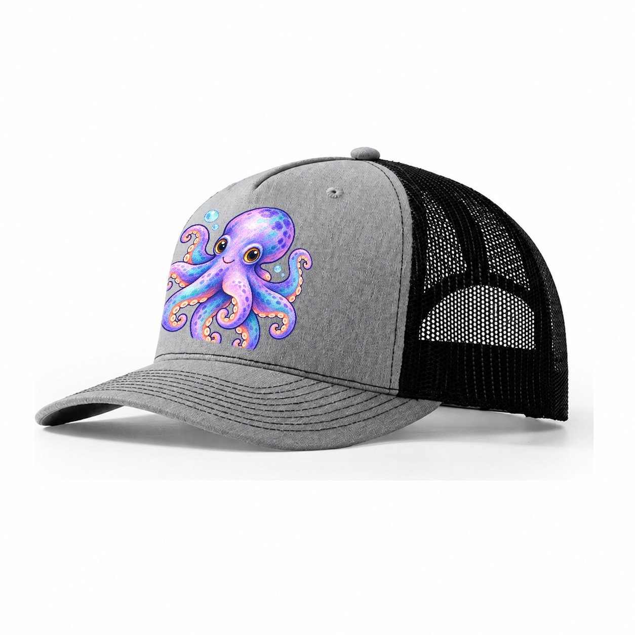 Octopus Playful Pinwheel Sea Sprite Trucker Hat – Sport Grey Black