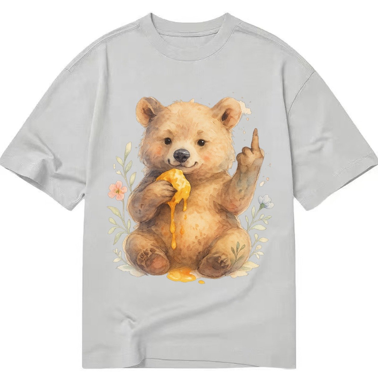 Chubby Bear Cub Eating Dripping Honey Sticky Paw Up With Mid Classic T-shirt – Grey