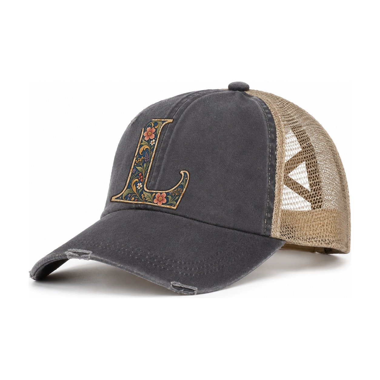 Wildflower L Monogram Women's Ponytail Trucker Hat – Charcoal Khaki