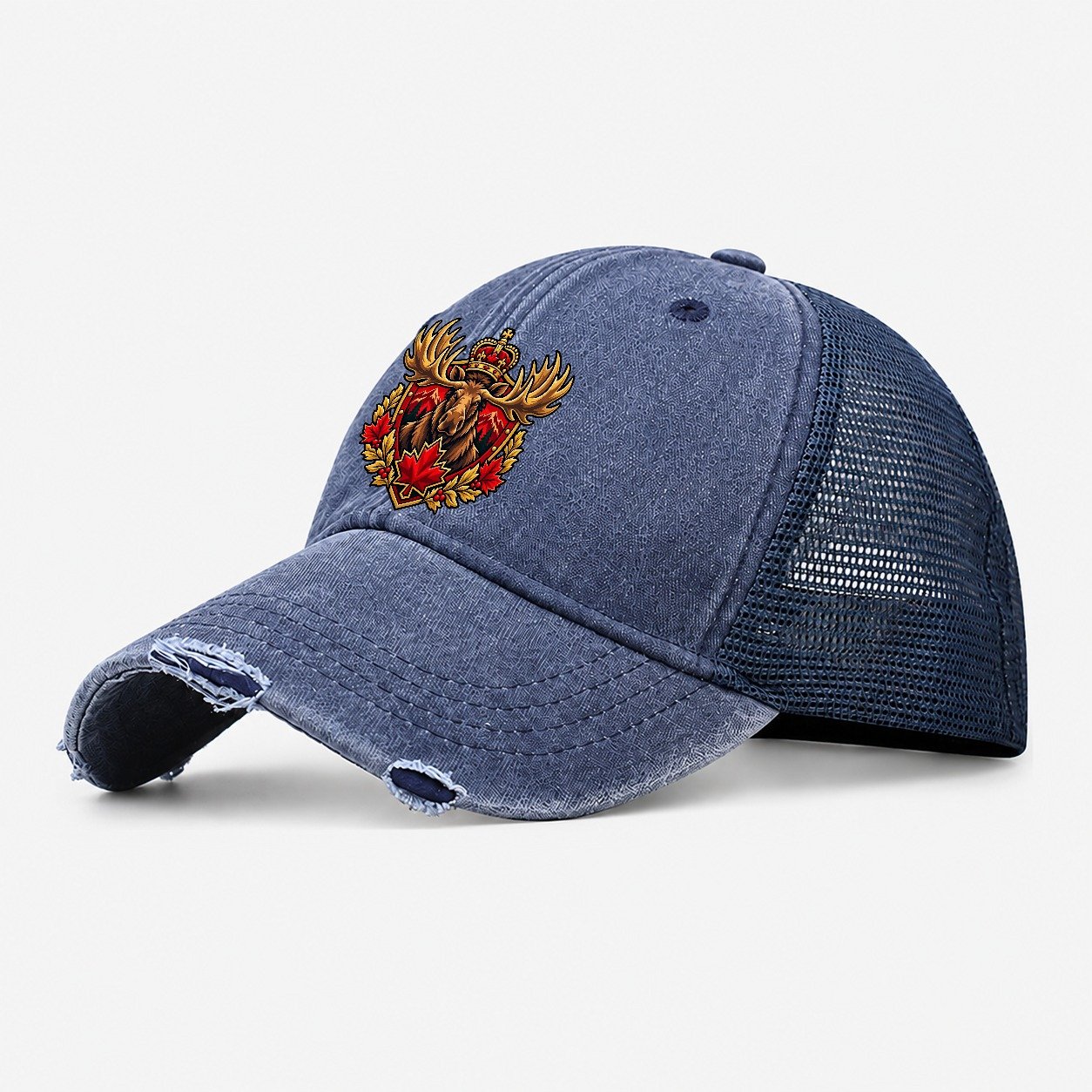 Canada Heraldic Crest Country Logos Washed Trucker Hat – Navy