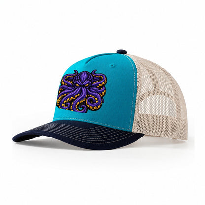 Embroidered Patch Design Kraken Tentacles Sea Monster In Pur Trucker Hat – Teal-Navy
