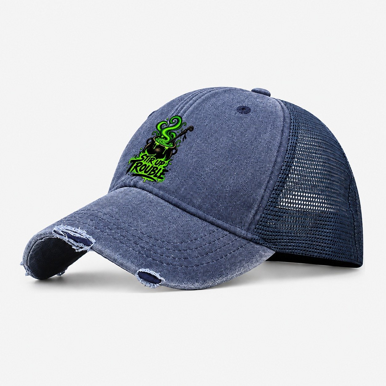 Stir Up Trouble Slogan Witch Magic Washed Trucker Hat – Navy
