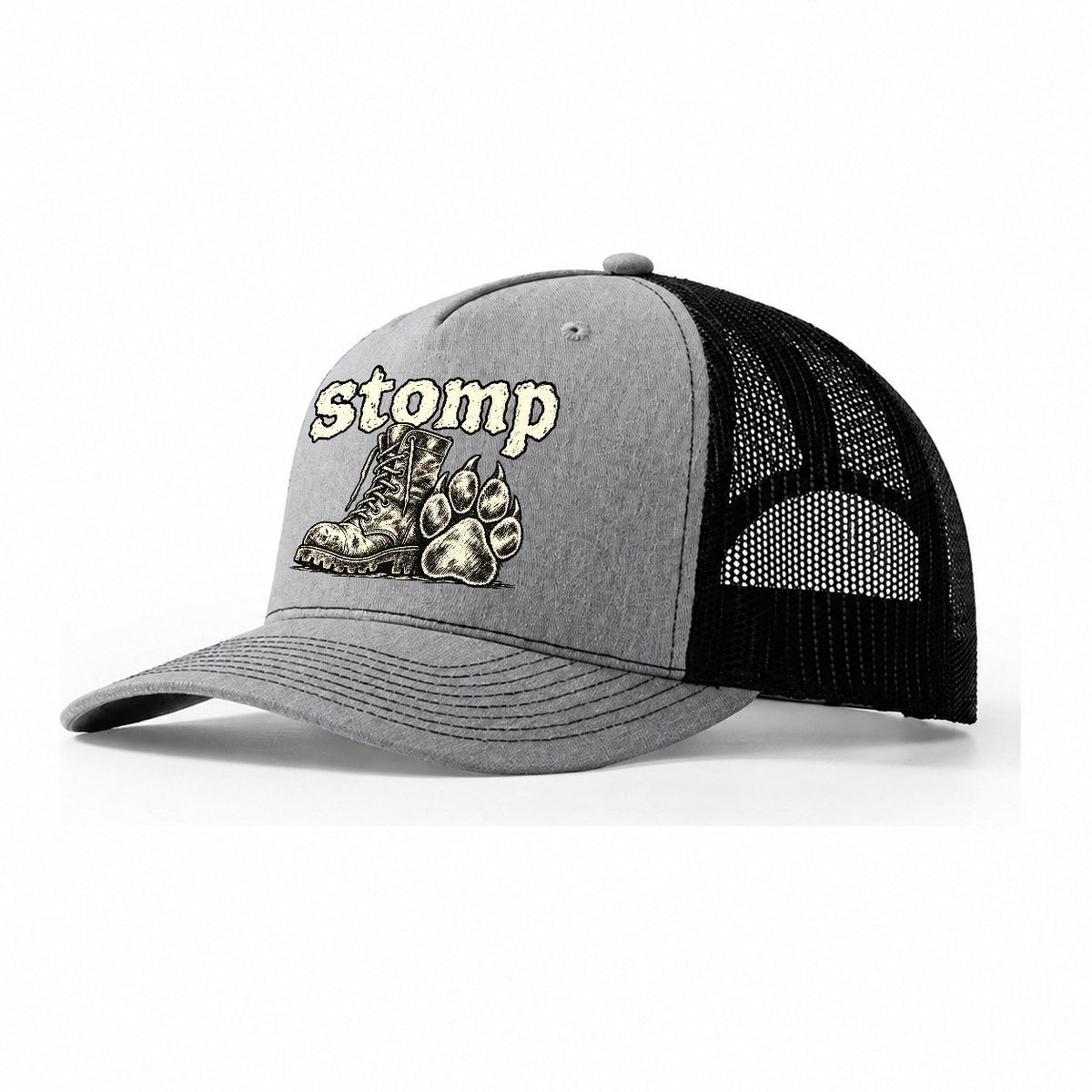 A Battered Lace Up Boot Beside One Large Dog Paw Print Bark For Me Trucker Hat – Sport Grey Black