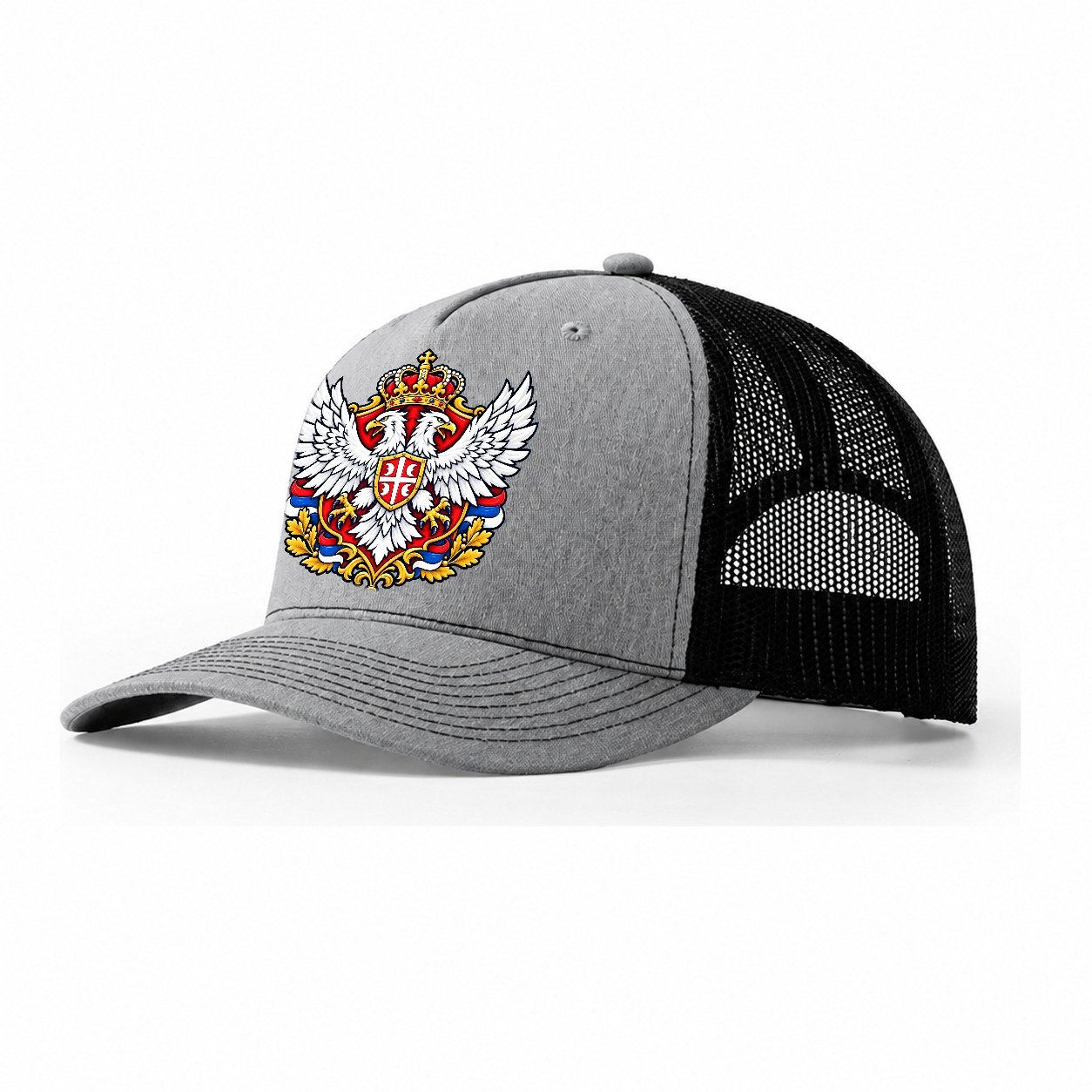 Serbia Heraldic Crest Country Logos Trucker Hat – Sport Grey Black