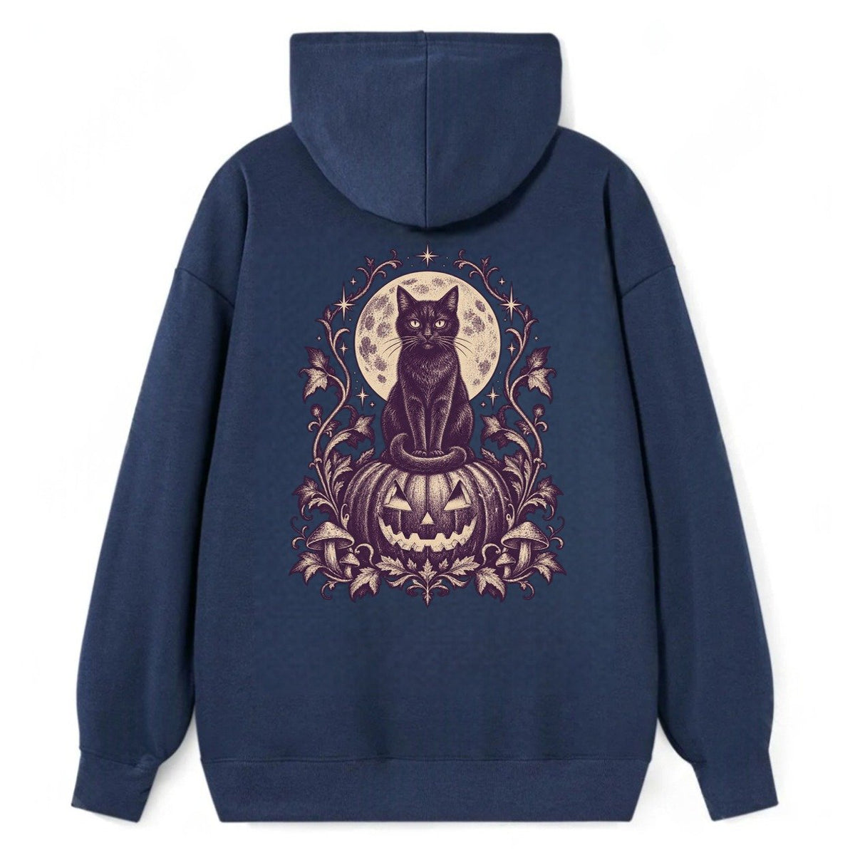 A Black Cat Sitting Upright On Top Of A Large Carved Jack O Lantern Tail Curled Around Its Paws A Full Moon Glowing Behind It Wordless Single Hue Gothic Engraving Portrait Midnight Haunt Classic Pullover Hoodie – Navy