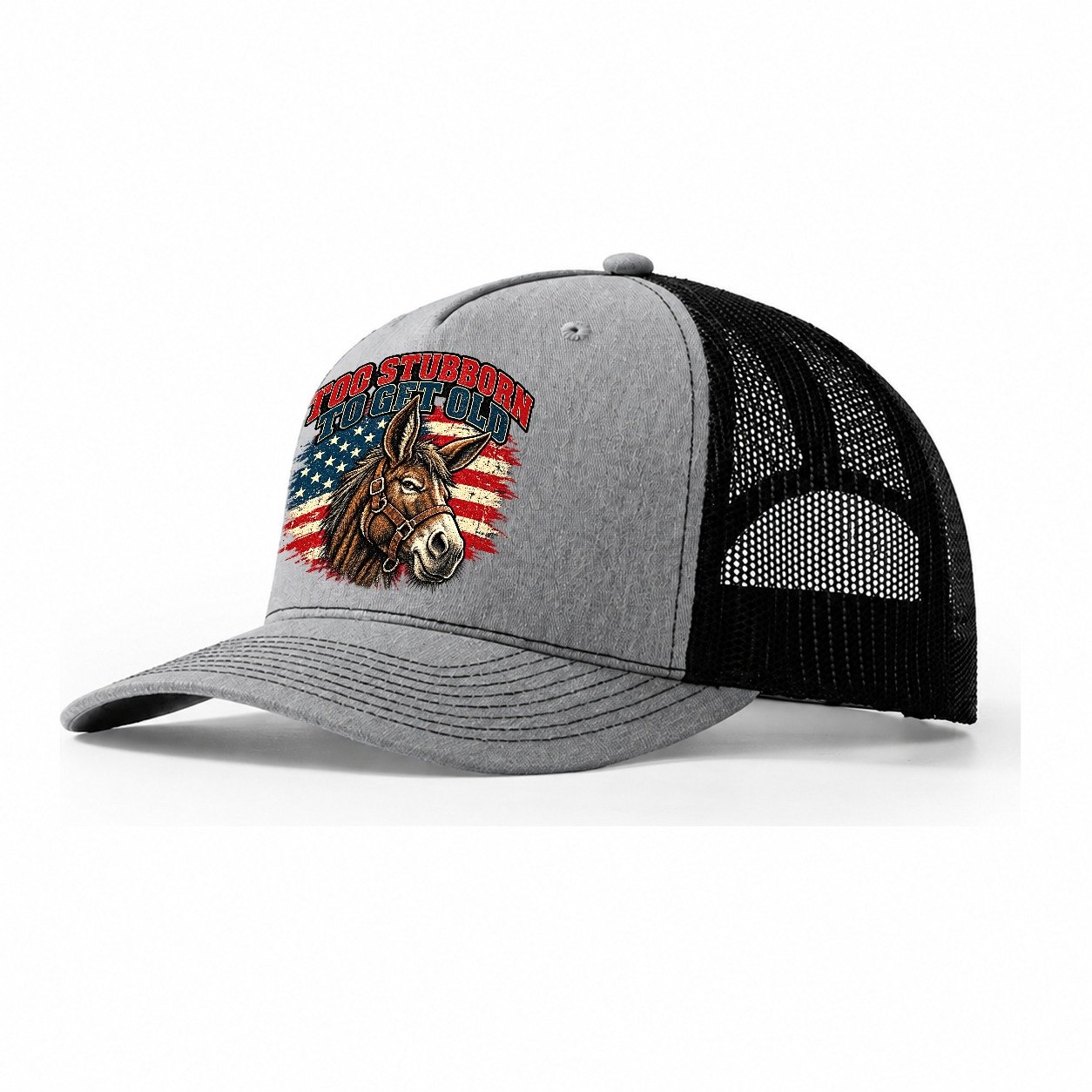 Too Stubborn To Get Old Old Man Strong Trucker Hat – Sport Grey Black