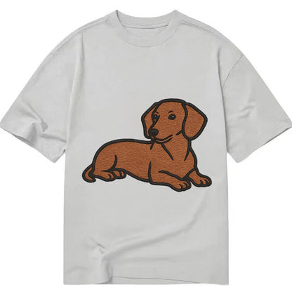 Dachshund Red Smooth Relaxed Lying Down With Head Up Embroid Classic T-shirt – Grey