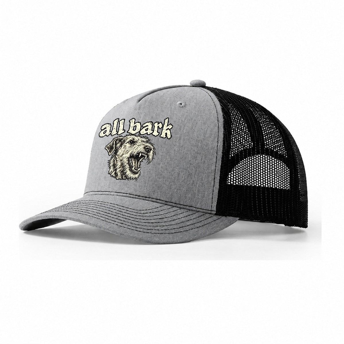 A Snarling Wire Haired Terrier Head In Three Quarter View Bark For Me Trucker Hat – Sport Grey Black
