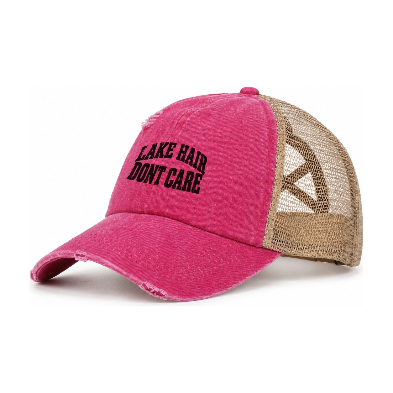 Lake Hair Dont Care Fishing Club Women's Ponytail Trucker Hat – Raspberry Khaki