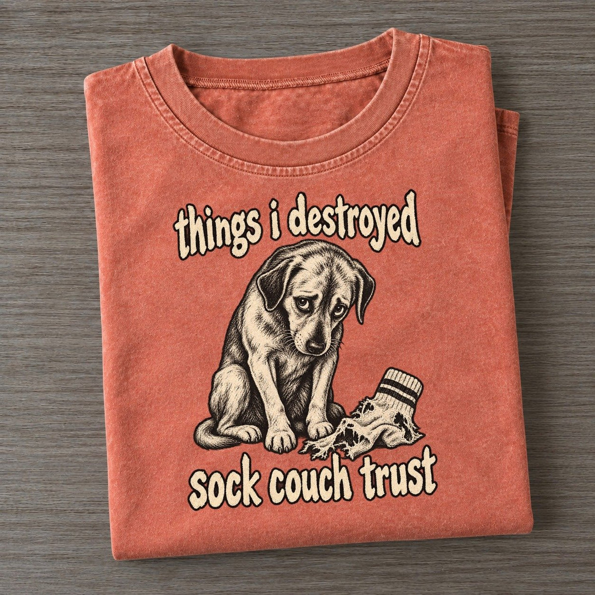 A Guilty Looking Dog Seated Beside A Shredded Sock Bark For Me Vintage T-shirt – Terracotta