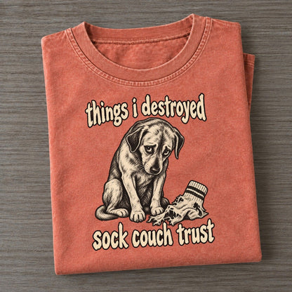 A Guilty Looking Dog Seated Beside A Shredded Sock Bark For Me Vintage T-shirt – Terracotta