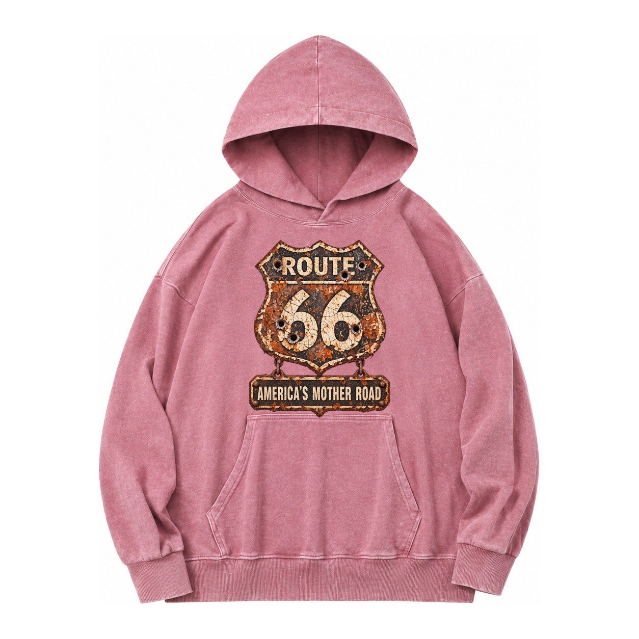 Route 66 Weathered Vintage Washed Hoodie – Dusty Rose