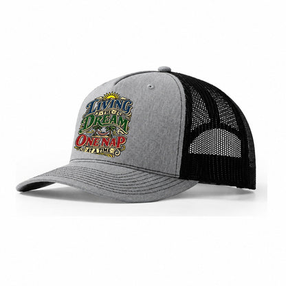Living The Dream One Nap At A Time Retired Living Trucker Hat – Sport Grey Black