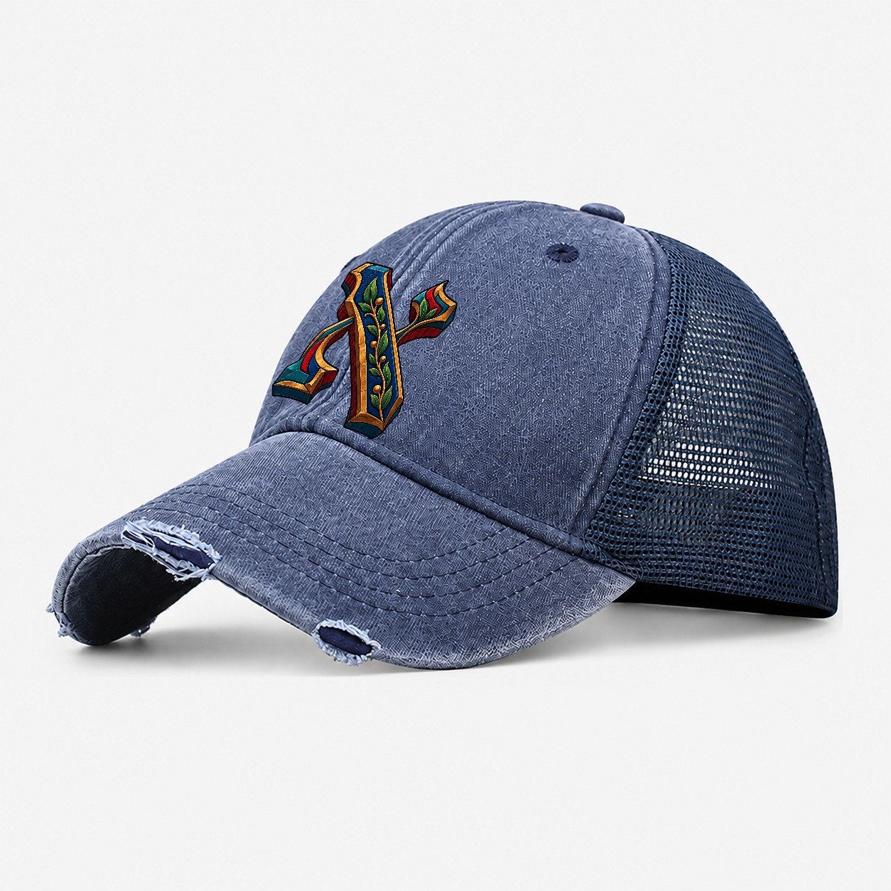 Aleph Letter Monogram Judaism Heritage Washed Trucker Hat – Navy