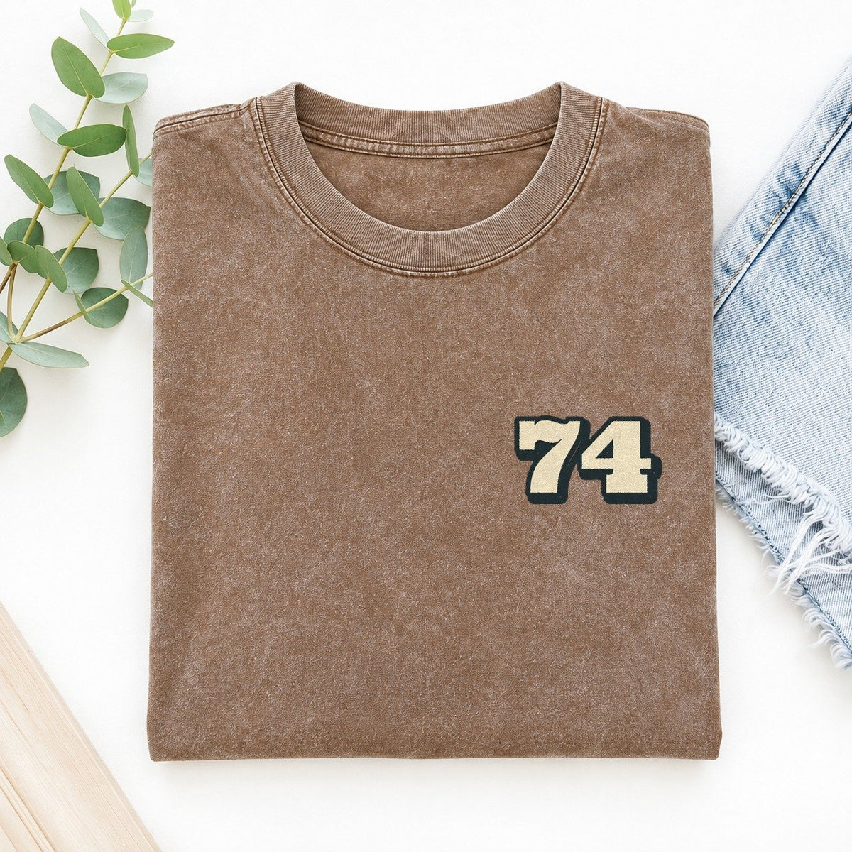 Number 74 Left Chest Vintage T-shirt – Brown